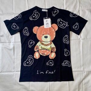 Gongzhuyidian I’m Fine Teddy Bear Graphic T-Shirt BLACK Size Medium Large Kpop